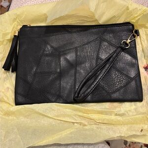 Black Patchwork Leather Wristlet Clutch with Tassel